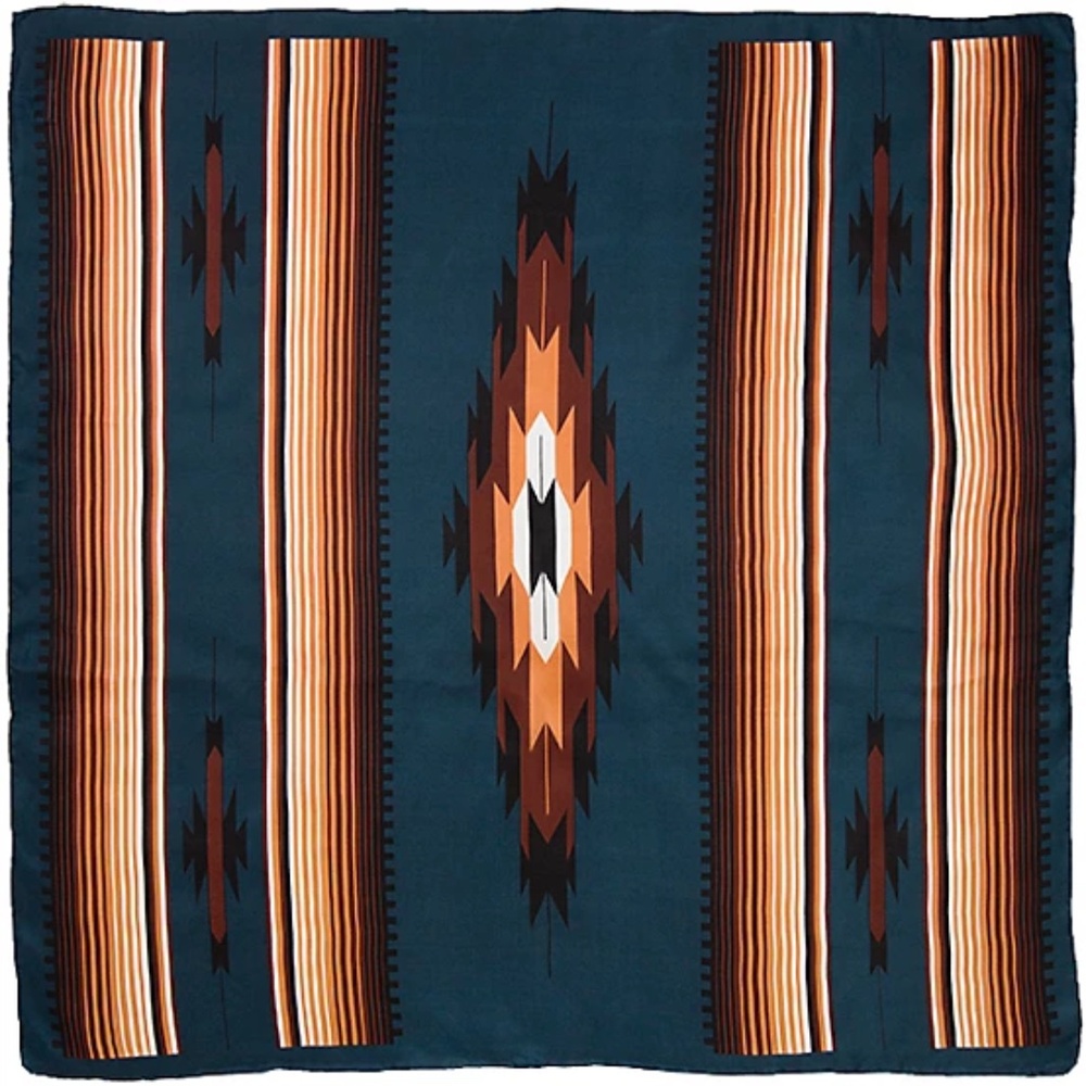 Wyoming Traders Wild Rag Aztec Print Teal / Tan 100% Silk Scarf - 34.5"